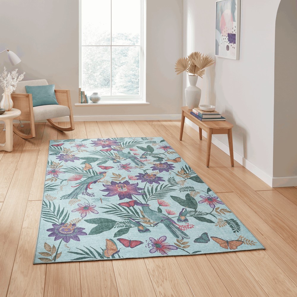 Amaya Tropical Birds Botanical Washable Rugs by Catherine Lansfield in Purple